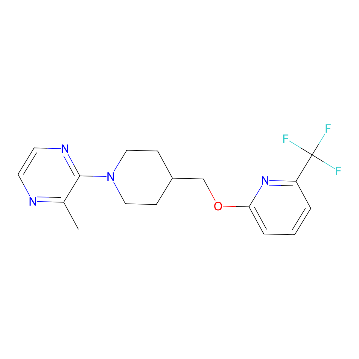 2-Methyl-3-[4-({[6-(trifluoromethyl)pyridin-2-yl]oxy}methyl)piperidin-1-yl]pyrazine molecular structure, CAS 2198168-57-7