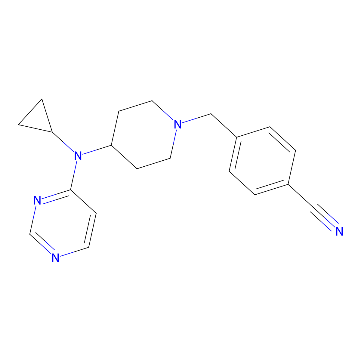 4-({4-[Cyclopropyl(pyrimidin-4-yl)amino]piperidin-1-yl}methyl)benzonitrile molecular structure, CAS 2198196-21-1