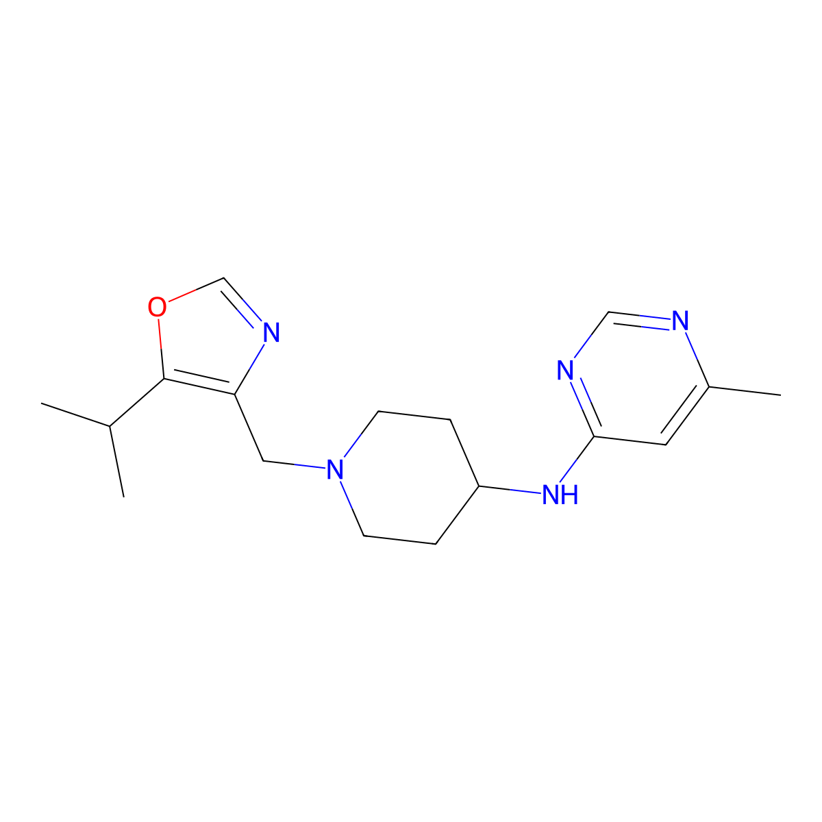 N-(1-((5-isopropyloxazol-4-yl)methyl)piperidin-4-yl)-6-methylpyrimidin-4-amine molecular structure, CAS 2198222-92-1
