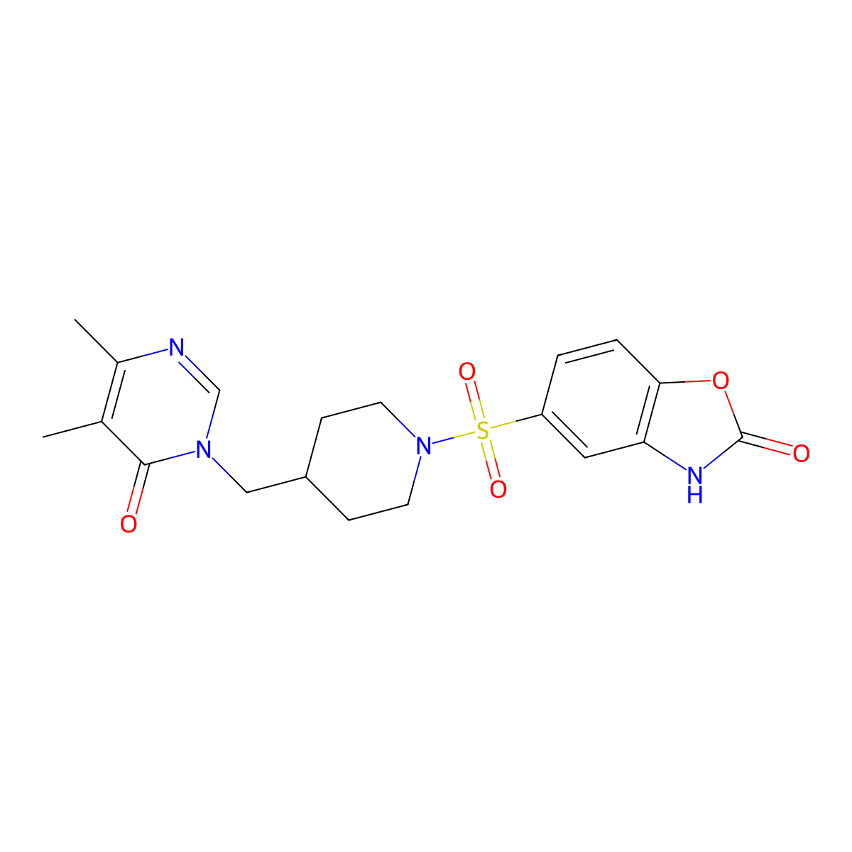 5-({4-[(4,5-Dimethyl-6-oxo-1,6-dihydropyrimidin-1-yl)methyl]piperidin-1-yl}sulfonyl)-2,3-dihydro-1,3-benzoxazol-2-one molecular structure, CAS 2198228-58-7