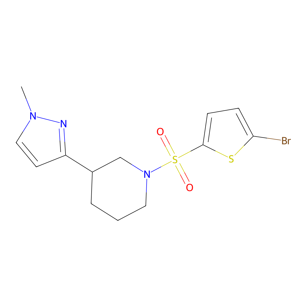 1-[(5-bromothiophen-2-yl)sulfonyl]-3-(1-methyl-1H-pyrazol-3-yl)piperidine molecular structure, CAS 2198237-58-8