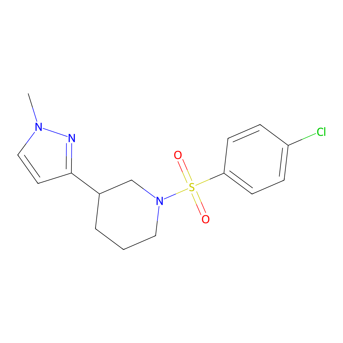 1-((4-chlorophenyl)sulfonyl)-3-(1-methyl-1H-pyrazol-3-yl)piperidine molecular structure, CAS 2198237-93-1