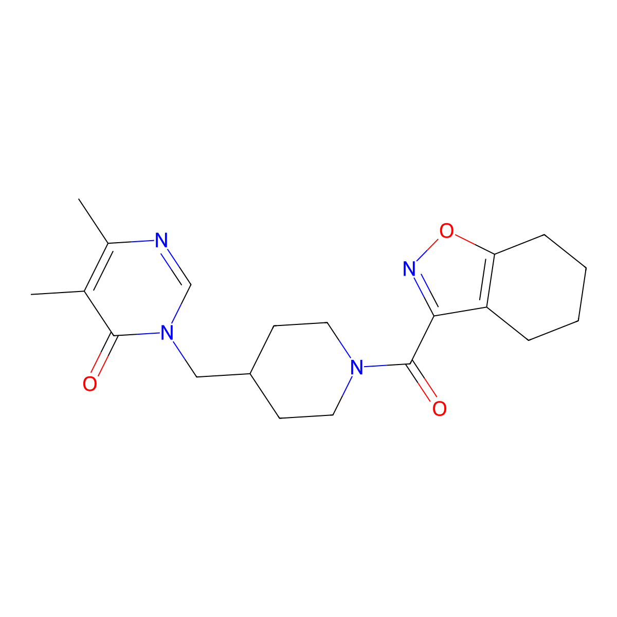 5,6-Dimethyl-3-{[1-(4,5,6,7-tetrahydro-1,2-benzoxazole-3-carbonyl)piperidin-4-yl]methyl}-3,4-dihydropyrimidin-4-one molecular structure, CAS 2198304-05-9