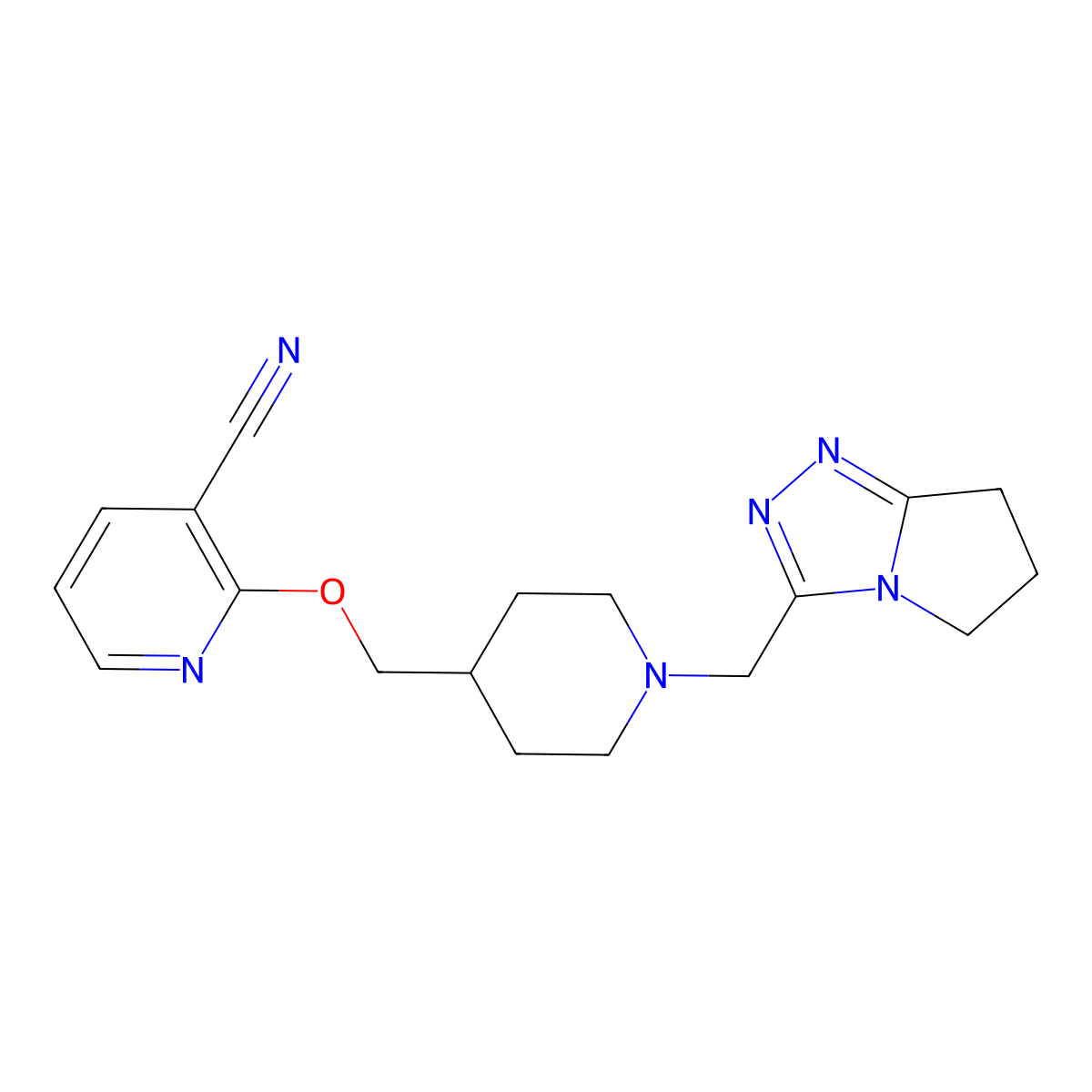 2-{[1-({5H,6H,7H-pyrrolo[2,1-c][1,2,4]triazol-3-yl}methyl)piperidin-4-yl]methoxy}pyridine-3-carbonitrile molecular structure, CAS 2198304-97-9