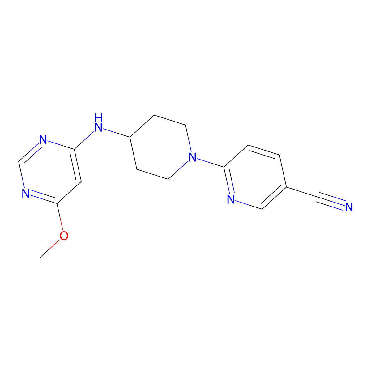 6-{4-[(6-Methoxypyrimidin-4-yl)amino]piperidin-1-yl}pyridine-3-carbonitrile molecular structure, CAS 2198305-32-5