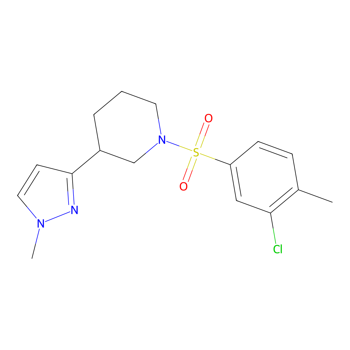 1-((3-chloro-4-methylphenyl)sulfonyl)-3-(1-methyl-1H-pyrazol-3-yl)piperidine molecular structure, CAS 2198308-57-3