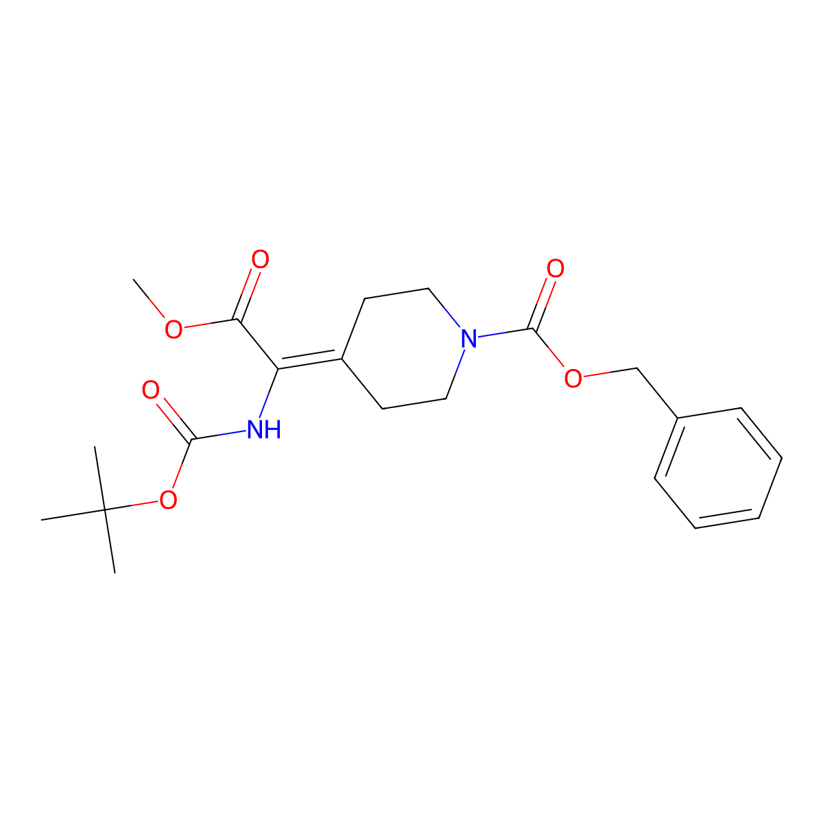 Benzyl 4-(1-((tert-butoxycarbonyl)amino)-2-methoxy-2-oxoethylidene)piperidine-1-carboxylate molecular structure, CAS 219832-75-4