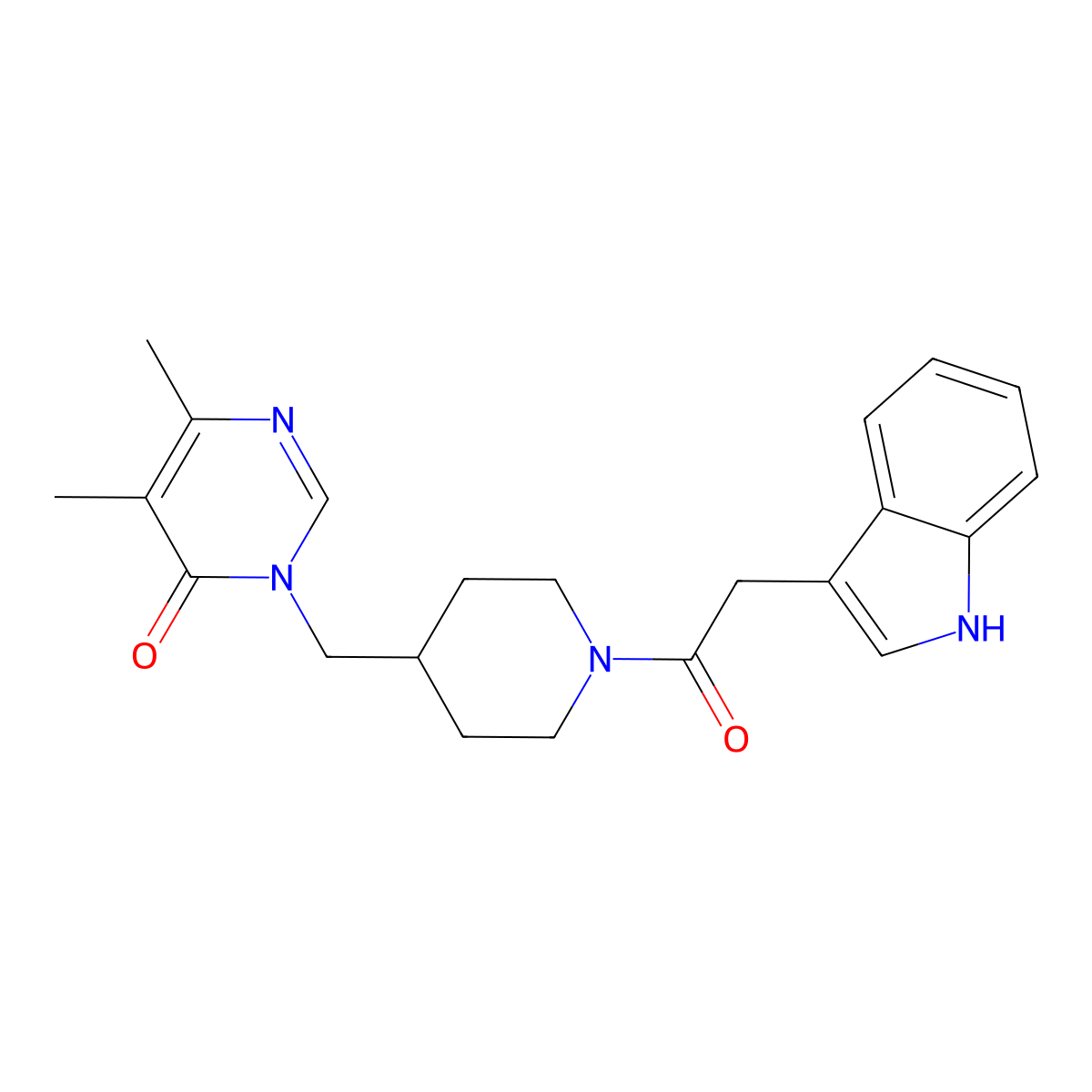 3-({1-[2-(1H-indol-3-yl)acetyl]piperidin-4-yl}methyl)-5,6-dimethyl-3,4-dihydropyrimidin-4-one molecular structure, CAS 2198334-85-7