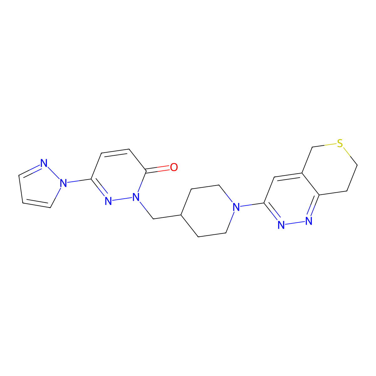 6-(1H-pyrazol-1-yl)-2-[(1-{5H,7H,8H-thiopyrano[4,3-c]pyridazin-3-yl}piperidin-4-yl)methyl]-2,3-dihydropyridazin-3-one molecular structure, CAS 2198338-09-7