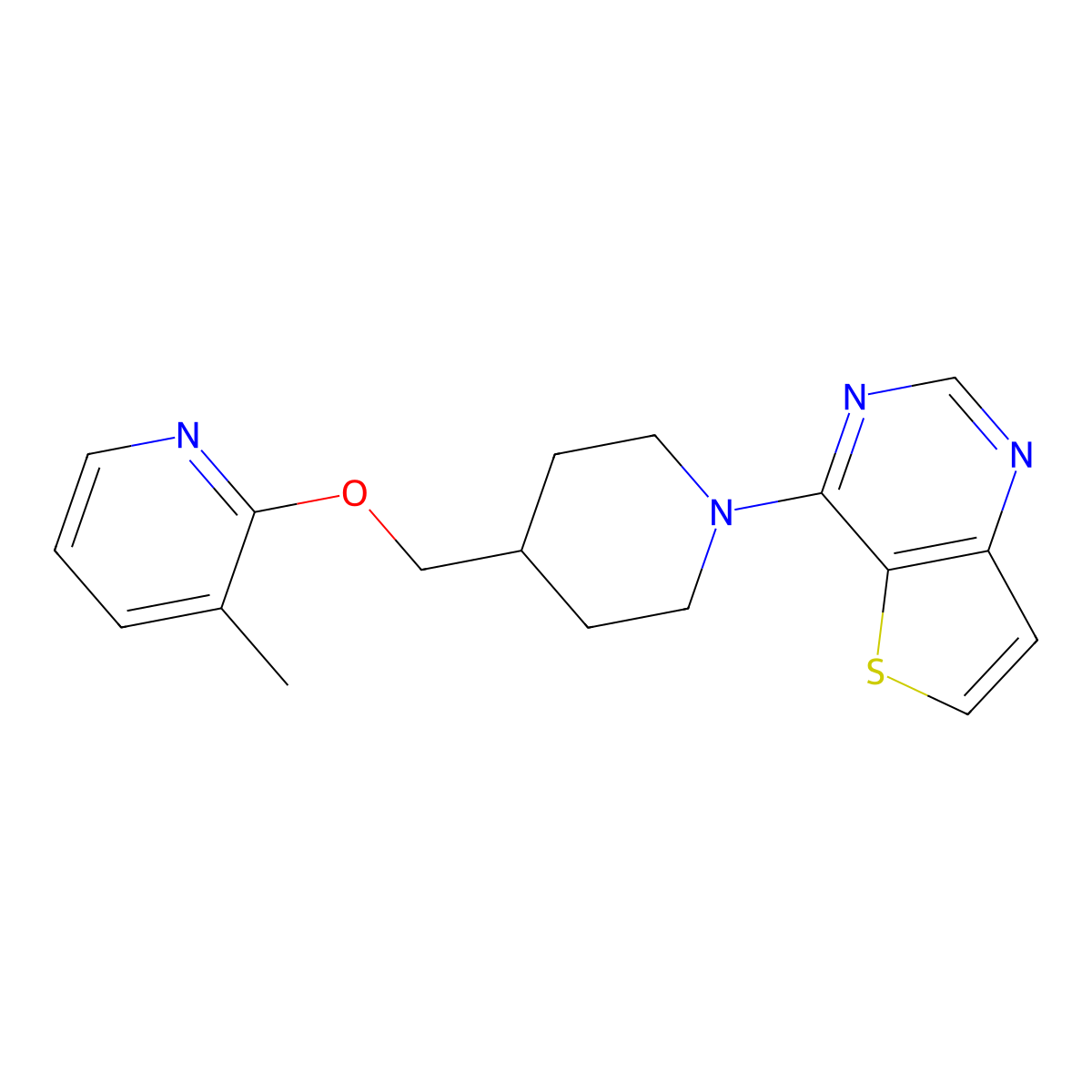 3-Methyl-2-[(1-{thieno[3,2-d]pyrimidin-4-yl}piperidin-4-yl)methoxy]pyridine molecular structure, CAS 2198365-69-2