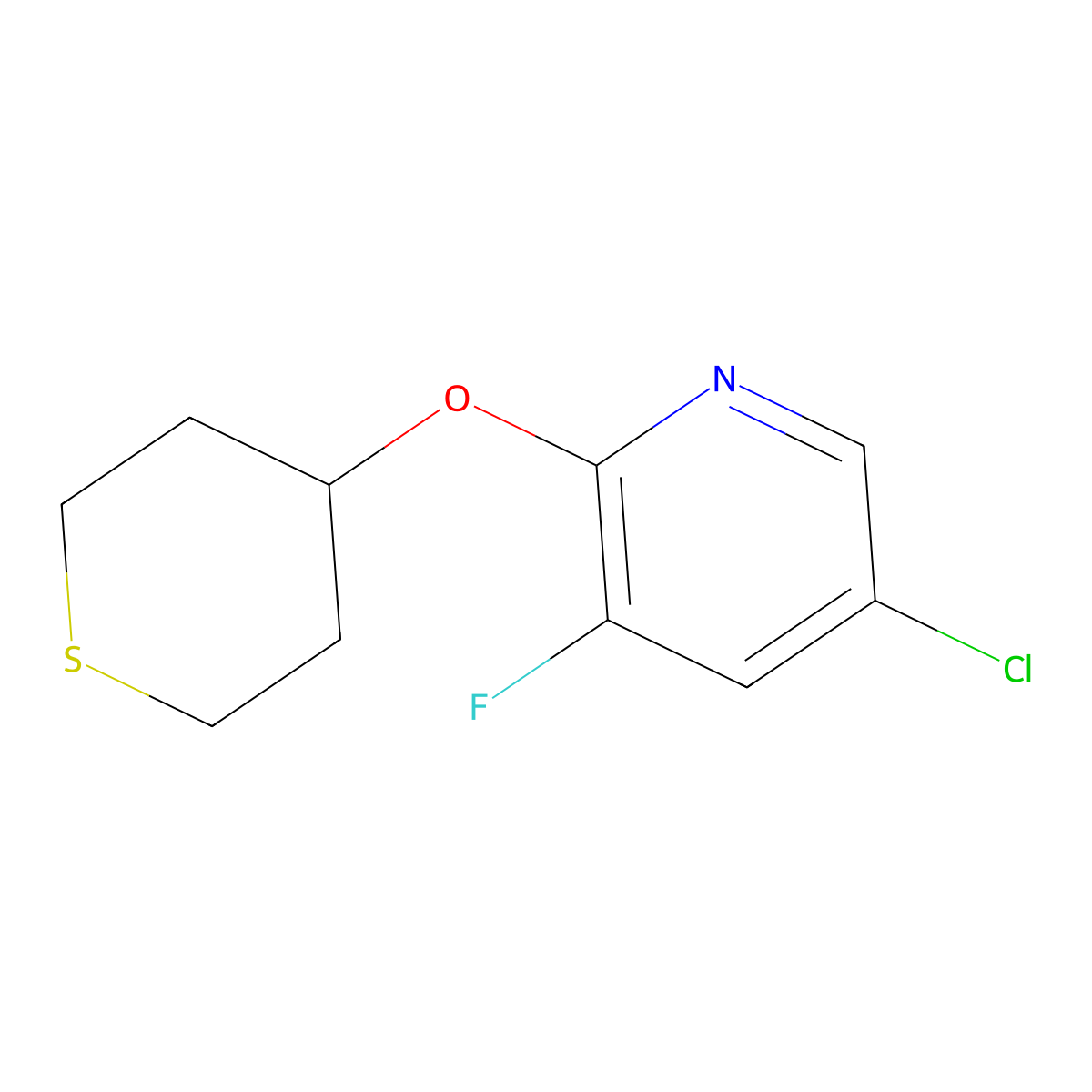5-Chloro-3-fluoro-2-(thian-4-yloxy)pyridine molecular structure, CAS 2198367-88-1