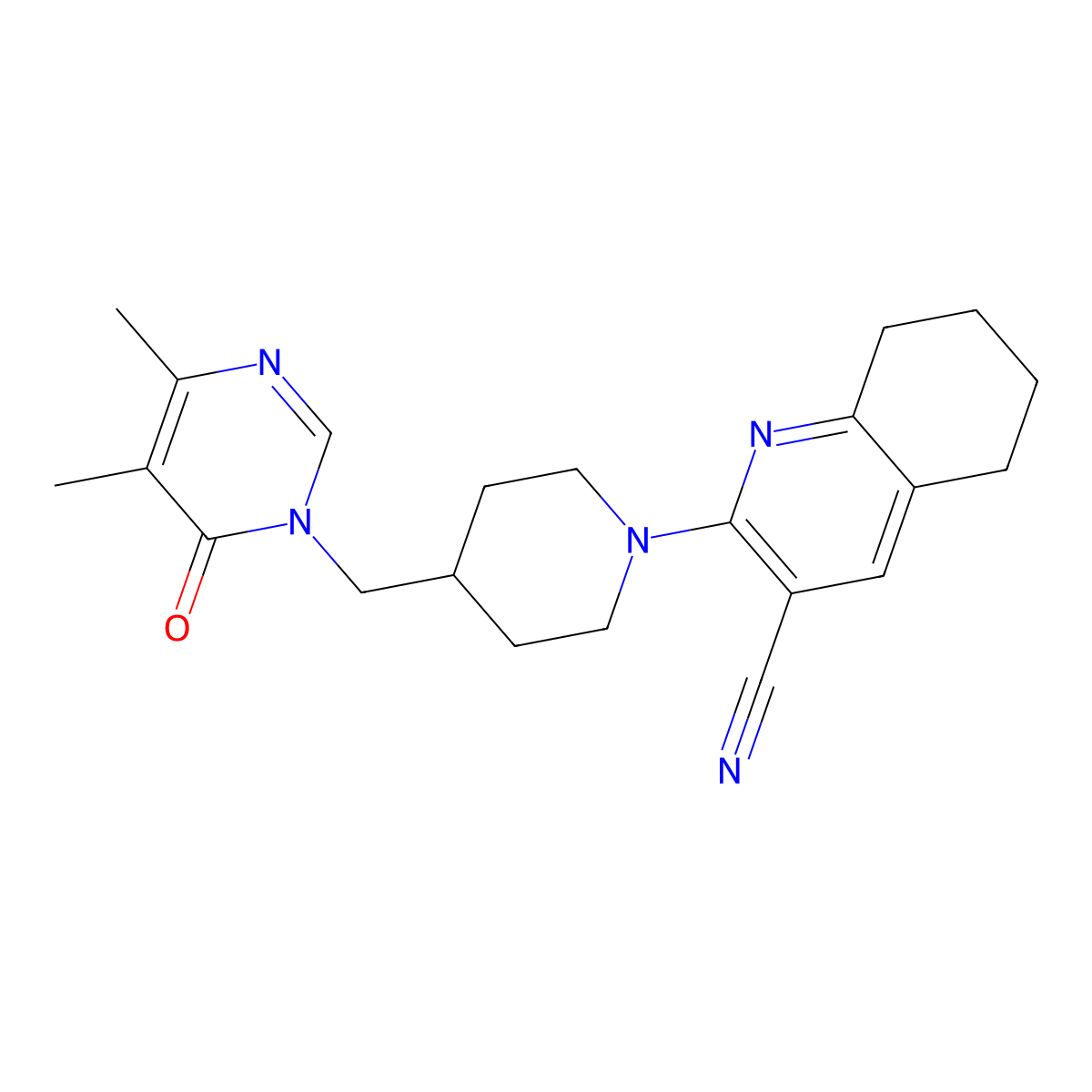 2-{4-[(4,5-Dimethyl-6-oxo-1,6-dihydropyrimidin-1-yl)methyl]piperidin-1-yl}-5,6,7,8-tetrahydroquinoline-3-carbonitrile molecular structure, CAS 2198369-19-4