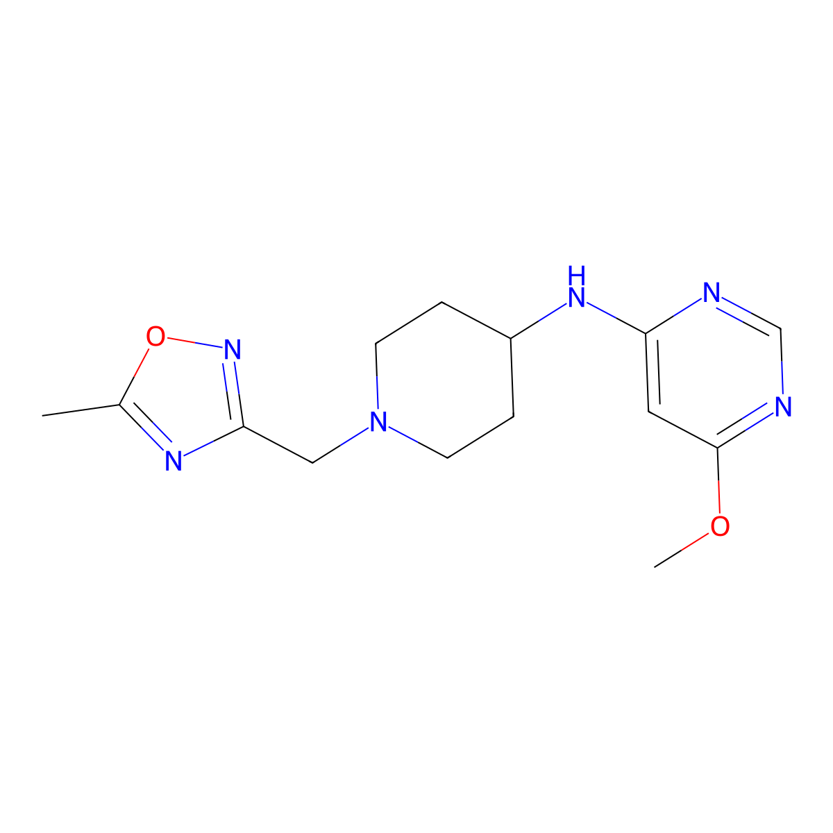 6-methoxy-N-{1-[(5-methyl-1,2,4-oxadiazol-3-yl)methyl]piperidin-4-yl}pyrimidin-4-amine molecular structure, CAS 2198373-59-8