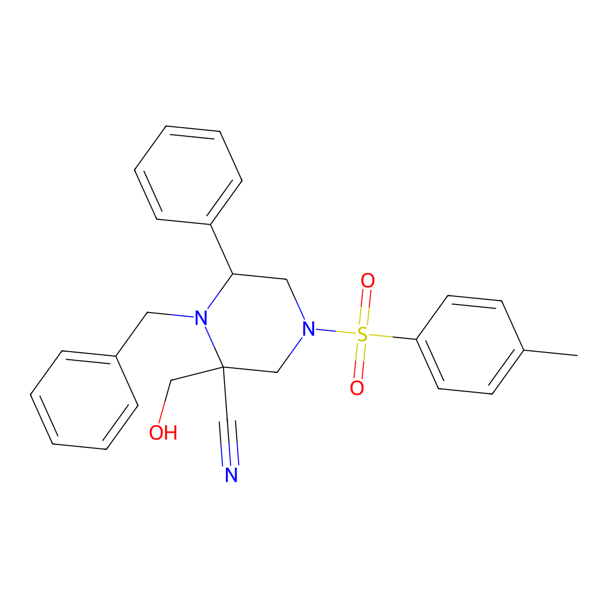 1-Benzyl-2-(hydroxymethyl)-4-(4-methylphenyl)sulfonyl-6-phenylpiperazine-2-carbonitrile molecular structure, CAS 2198380-67-3