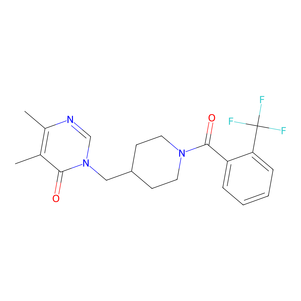 5,6-Dimethyl-3-({1-[2-(trifluoromethyl)benzoyl]piperidin-4-yl}methyl)-3,4-dihydropyrimidin-4-one molecular structure, CAS 2198426-37-6