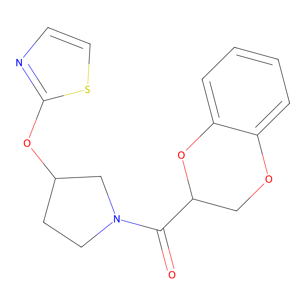 (2,3-Dihydrobenzo[b][1,4]dioxin-2-yl)(3-(thiazol-2-yloxy)pyrrolidin-1-yl)methanone molecular structure, CAS 2198432-15-2
