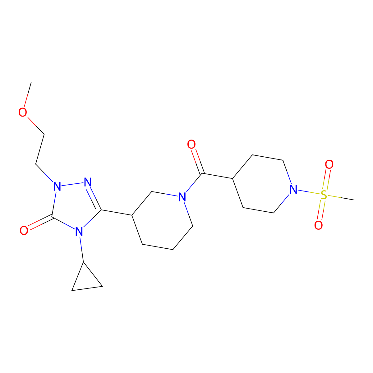 4-cyclopropyl-1-(2-methoxyethyl)-3-(1-(1-(methylsulfonyl)piperidine-4-carbonyl)piperidin-3-yl)-1H-1,2,4-triazol-5(4H)-one molecular structure, CAS 2198443-24-0