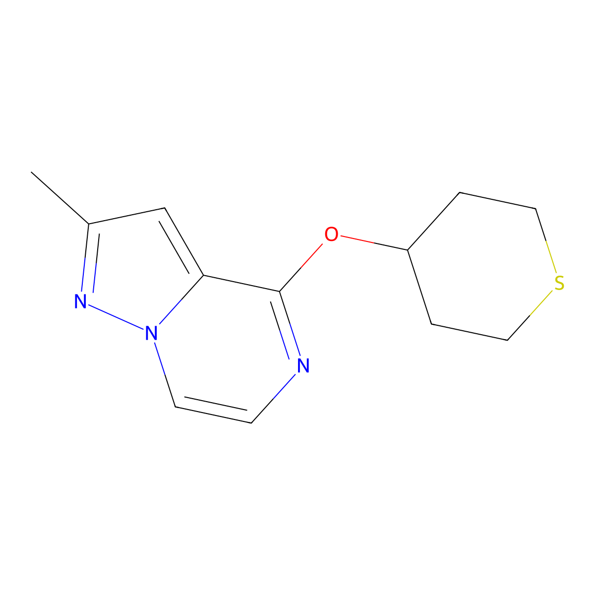 2-Methyl-4-(thian-4-yloxy)pyrazolo[1,5-a]pyrazine molecular structure, CAS 2198577-14-7