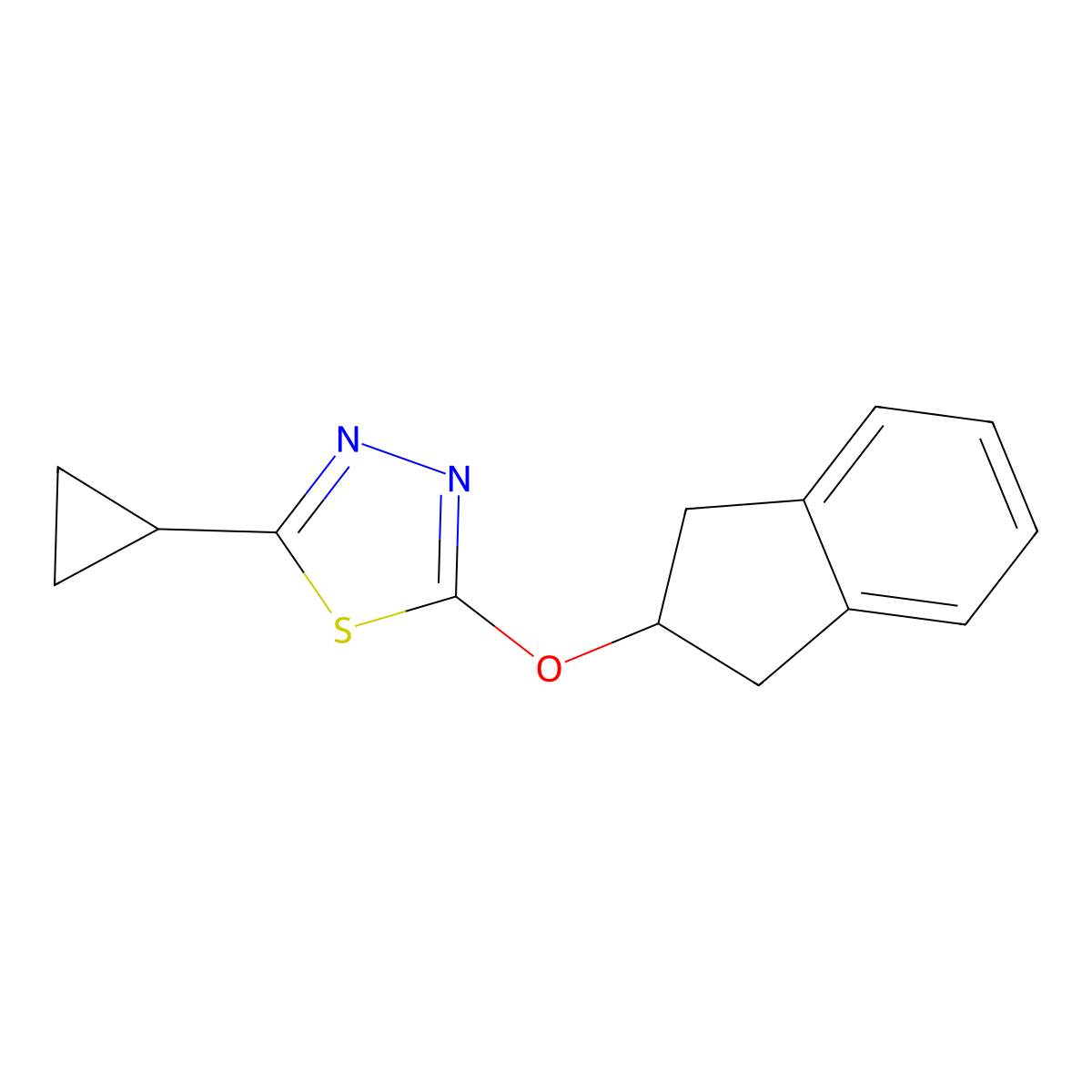 2-cyclopropyl-5-(2,3-dihydro-1H-inden-2-yloxy)-1,3,4-thiadiazole molecular structure, CAS 2198580-19-5