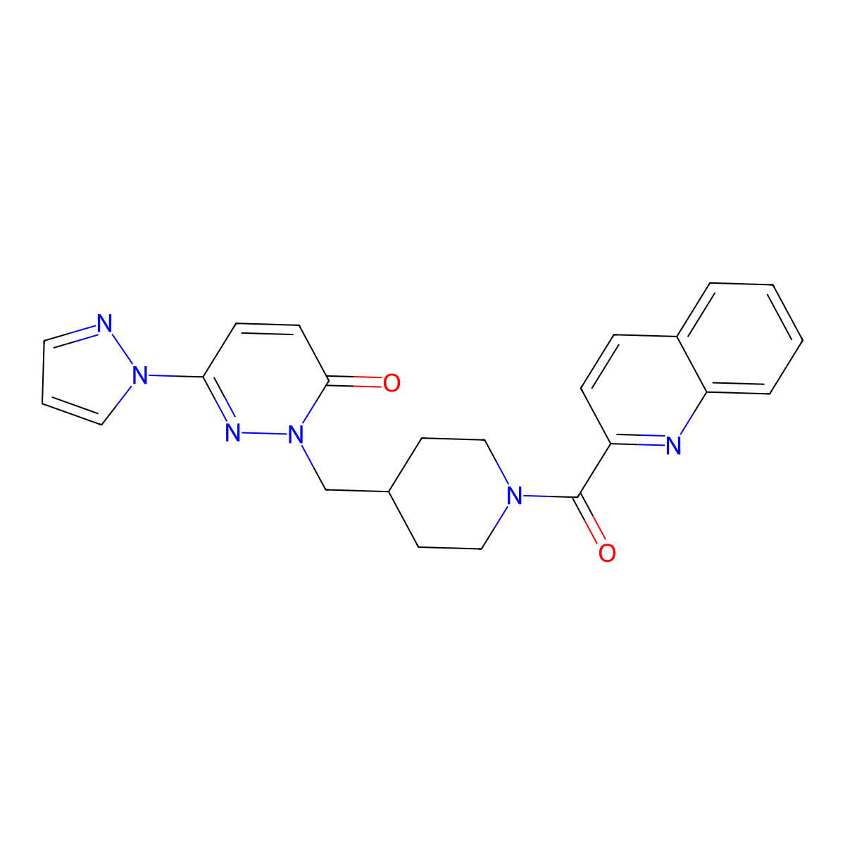 6-(1H-pyrazol-1-yl)-2-{[1-(quinoline-2-carbonyl)piperidin-4-yl]methyl}-2,3-dihydropyridazin-3-one molecular structure, CAS 2198584-35-7