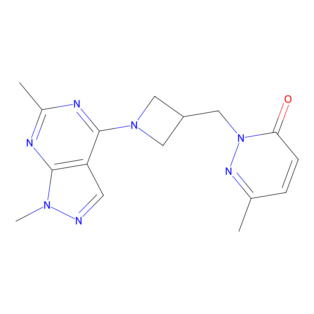2-[(1-{1,6-dimethyl-1H-pyrazolo[3,4-d]pyrimidin-4-yl}azetidin-3-yl)methyl]-6-methyl-2,3-dihydropyridazin-3-one molecular structure, CAS 2198675-44-2