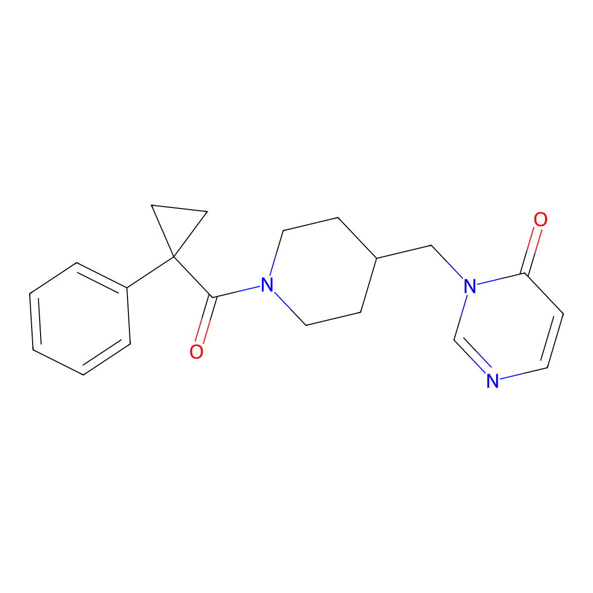 3-{[1-(1-Phenylcyclopropanecarbonyl)piperidin-4-yl]methyl}-3,4-dihydropyrimidin-4-one molecular structure, CAS 2198721-42-3