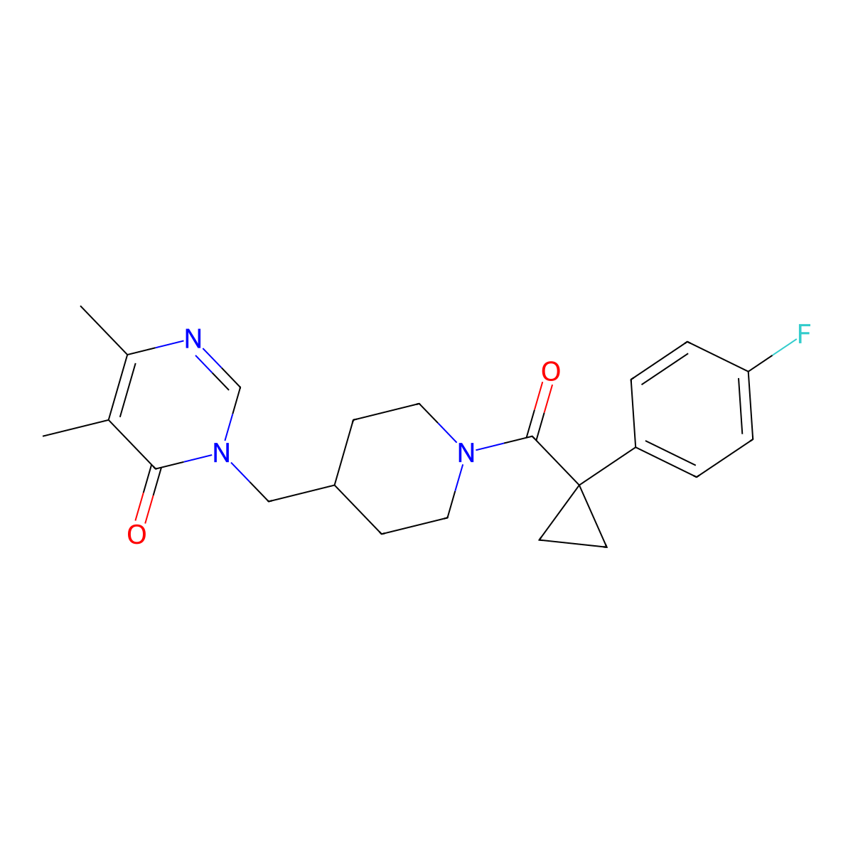 3-({1-[1-(4-Fluorophenyl)cyclopropanecarbonyl]piperidin-4-yl}methyl)-5,6-dimethyl-3,4-dihydropyrimidin-4-one molecular structure, CAS 2198723-09-8