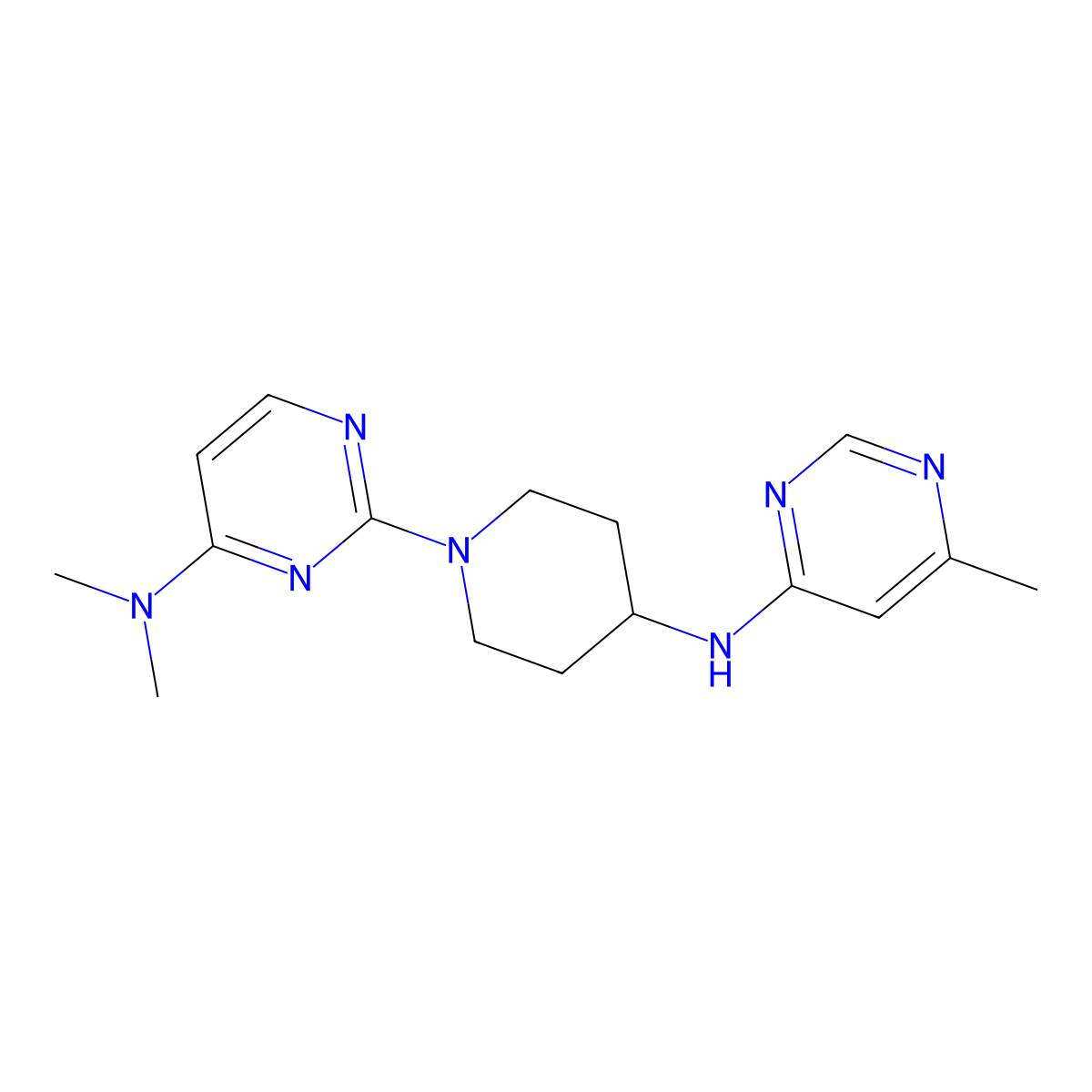 N,N-dimethyl-2-{4-[(6-methylpyrimidin-4-yl)amino]piperidin-1-yl}pyrimidin-4-amine molecular structure, CAS 2198737-43-6
