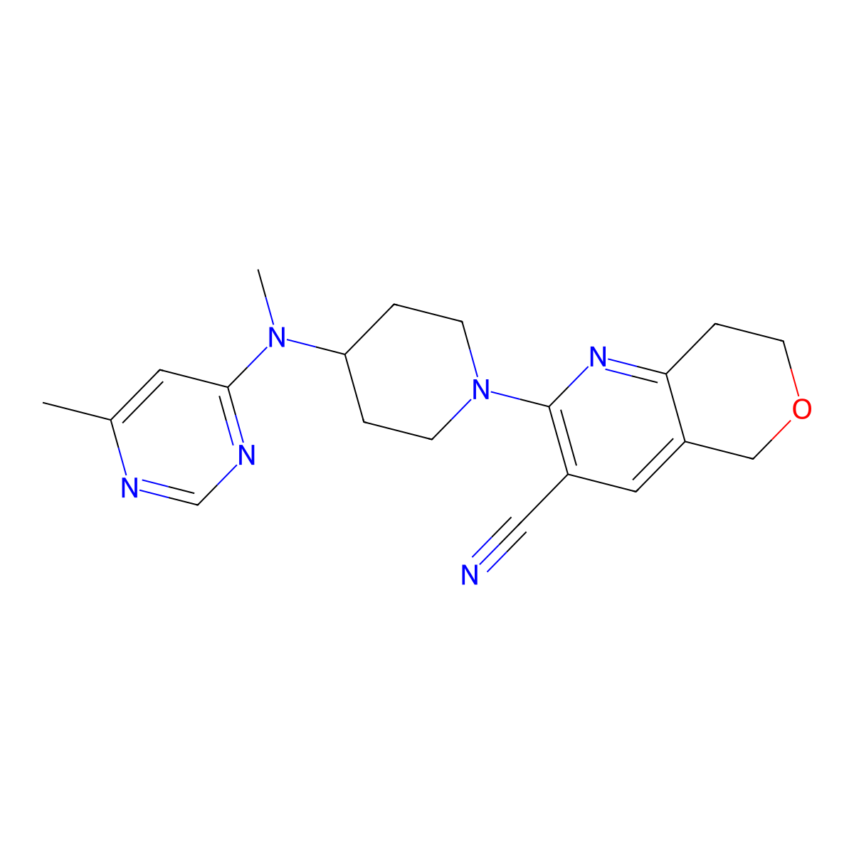 2-{4-[methyl(6-methylpyrimidin-4-yl)amino]piperidin-1-yl}-5H,7H,8H-pyrano[4,3-b]pyridine-3-carbonitrile molecular structure, CAS 2198748-66-0