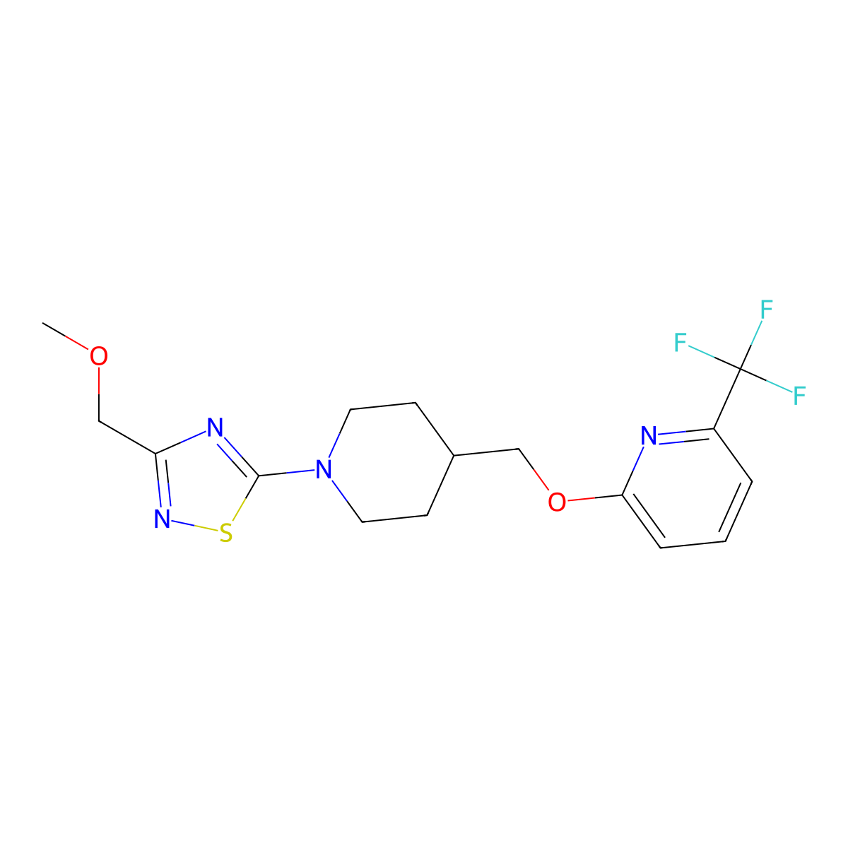 2-({1-[3-(Methoxymethyl)-1,2,4-thiadiazol-5-yl]piperidin-4-yl}methoxy)-6-(trifluoromethyl)pyridine molecular structure, CAS 2198792-17-3