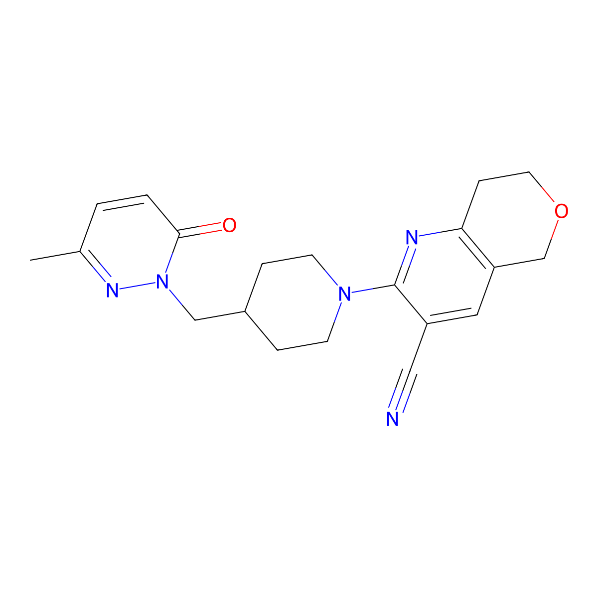 2-{4-[(3-methyl-6-oxo-1,6-dihydropyridazin-1-yl)methyl]piperidin-1-yl}-5H,7H,8H-pyrano[4,3-b]pyridine-3-carbonitrile molecular structure, CAS 2198815-35-7