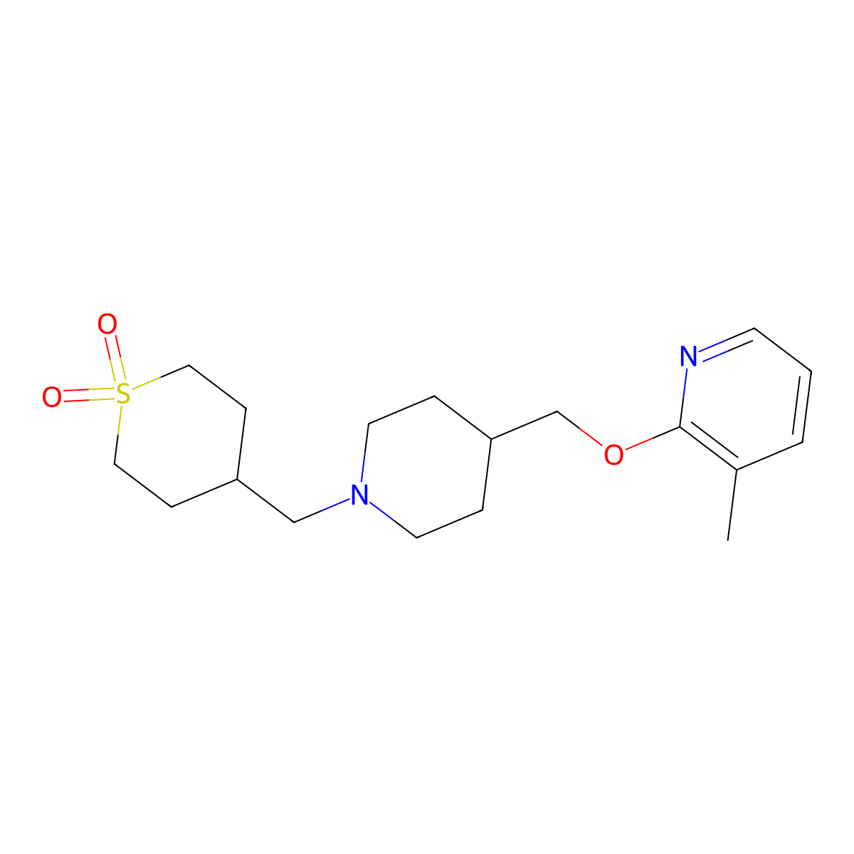 4-[(4-{[(3-Methylpyridin-2-yl)oxy]methyl}piperidin-1-yl)methyl]-1lambda6-thiane-1,1-dione molecular structure, CAS 2198888-22-9