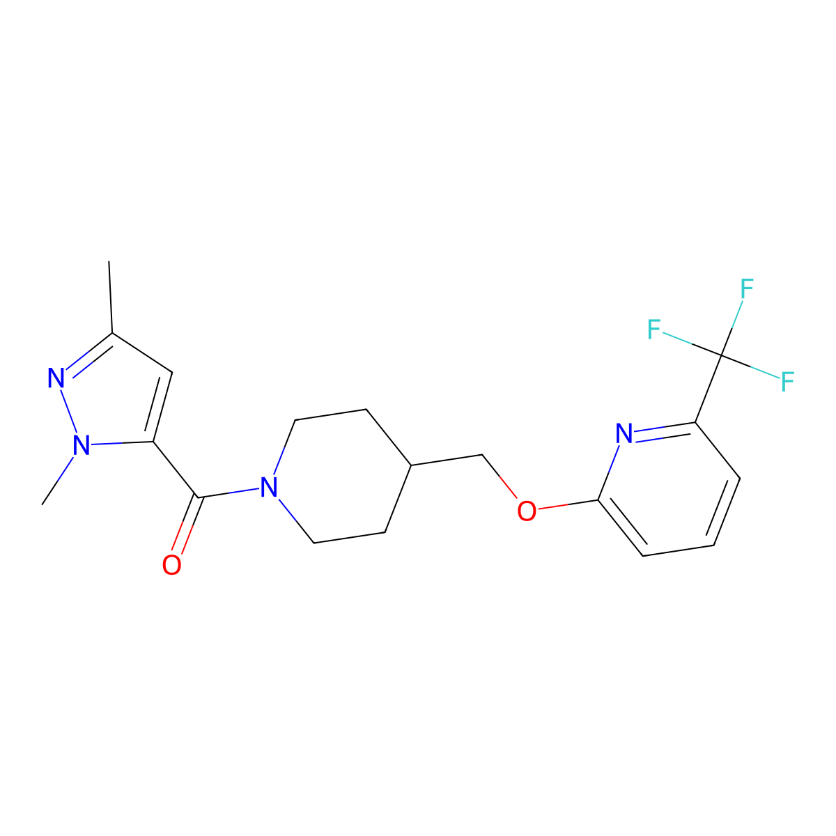 2-{[1-(1,3-dimethyl-1H-pyrazole-5-carbonyl)piperidin-4-yl]methoxy}-6-(trifluoromethyl)pyridine molecular structure, CAS 2198914-02-0