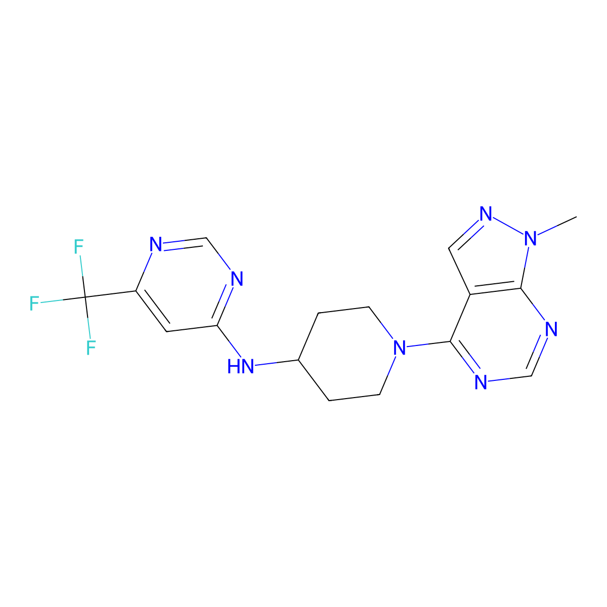 N-(1-{1-methyl-1H-pyrazolo[3,4-d]pyrimidin-4-yl}piperidin-4-yl)-6-(trifluoromethyl)pyrimidin-4-amine molecular structure, CAS 2198942-00-4