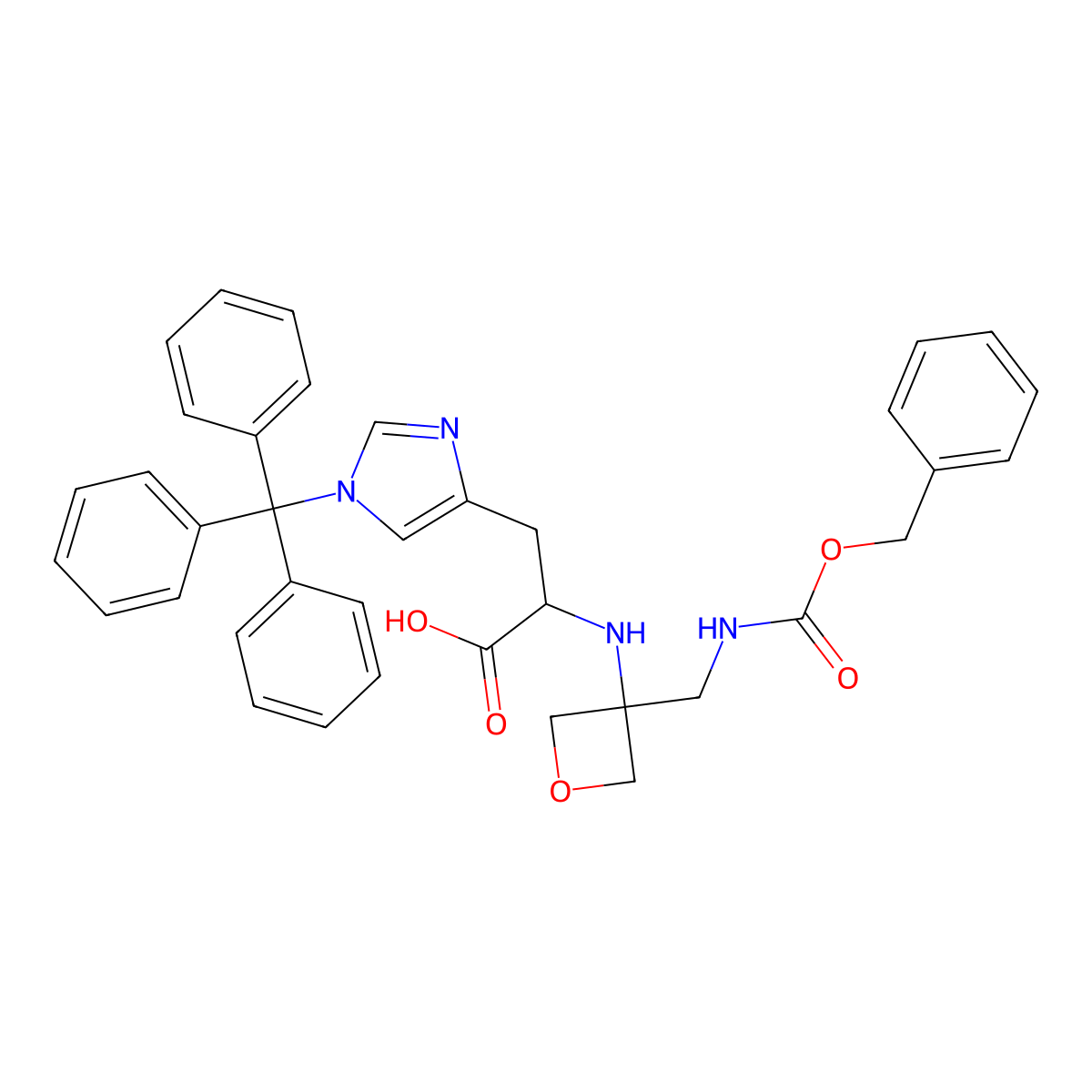 Na-(3-((((benzyloxy)carbonyl)amino)methyl)oxetan-3-yl)-Nt-trityl-L-histidine molecular structure, CAS 2198942-46-8
