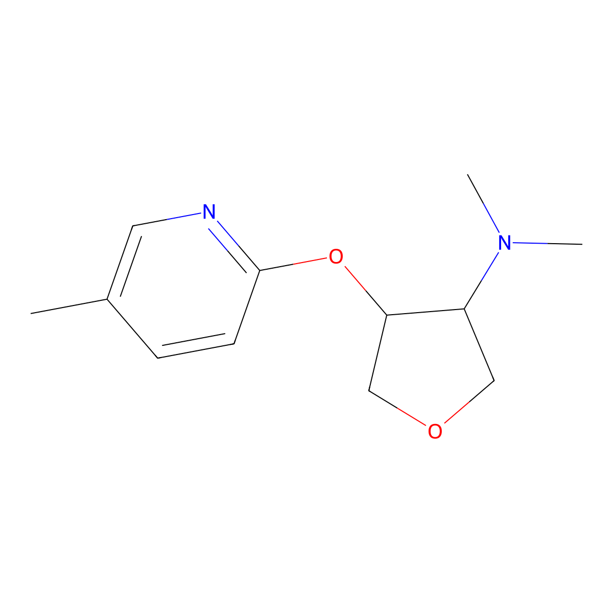 N,N-dimethyl-4-[(5-methylpyridin-2-yl)oxy]oxolan-3-amine molecular structure, CAS 2198986-20-6