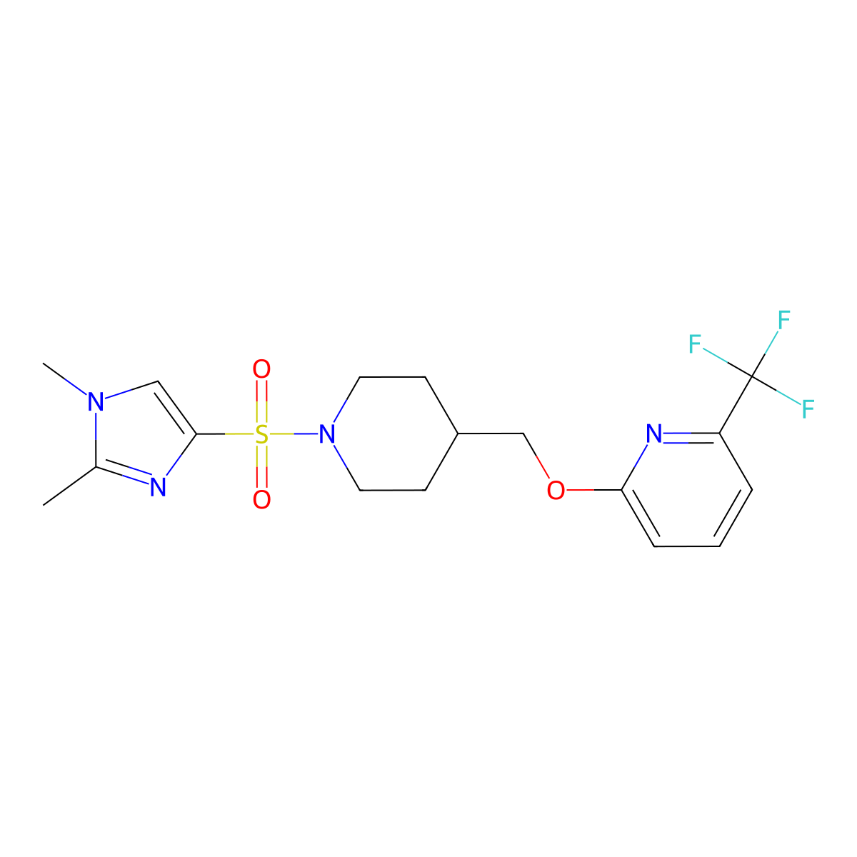 2-({1-[(1,2-dimethyl-1H-imidazol-4-yl)sulfonyl]piperidin-4-yl}methoxy)-6-(trifluoromethyl)pyridine molecular structure, CAS 2199014-76-9