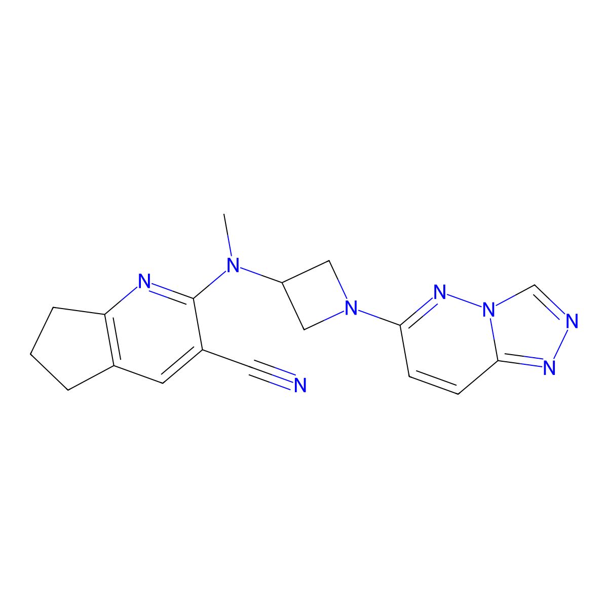 2-[methyl(1-{[1,2,4]triazolo[4,3-b]pyridazin-6-yl}azetidin-3-yl)amino]-5H,6H,7H-cyclopenta[b]pyridine-3-carbonitrile molecular structure, CAS 2199015-59-1
