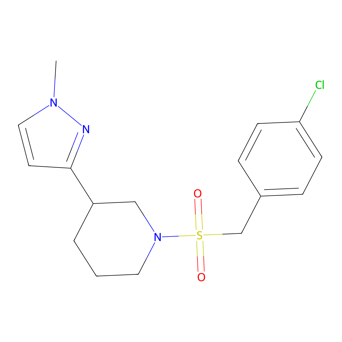 1-((4-chlorobenzyl)sulfonyl)-3-(1-methyl-1H-pyrazol-3-yl)piperidine molecular structure, CAS 2199065-39-7