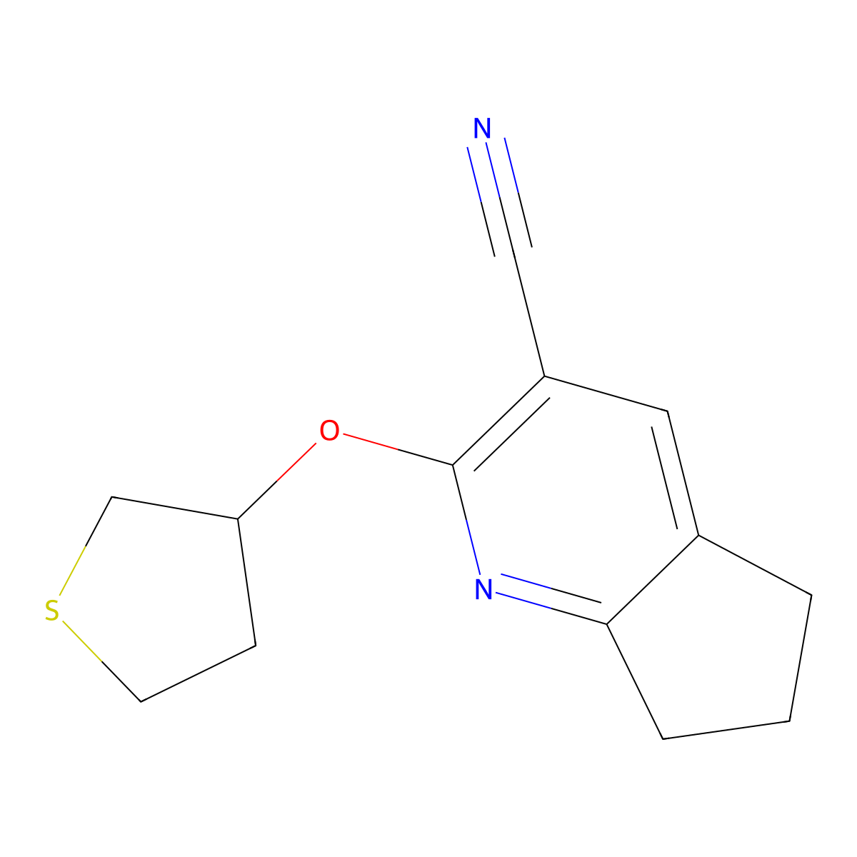 2-(thiolan-3-yloxy)-5H,6H,7H-cyclopenta[b]pyridine-3-carbonitrile molecular structure, CAS 2199131-75-2