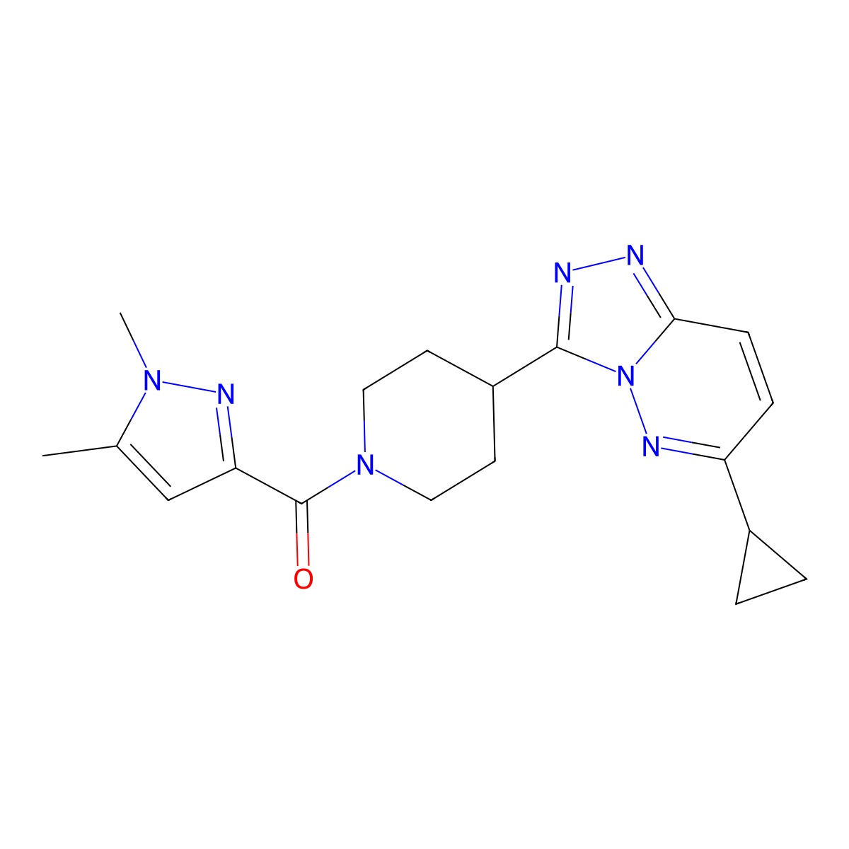 4-{6-cyclopropyl-[1,2,4]triazolo[4,3-b]pyridazin-3-yl}-1-(1,5-dimethyl-1H-pyrazole-3-carbonyl)piperidine molecular structure, CAS 2199161-96-9