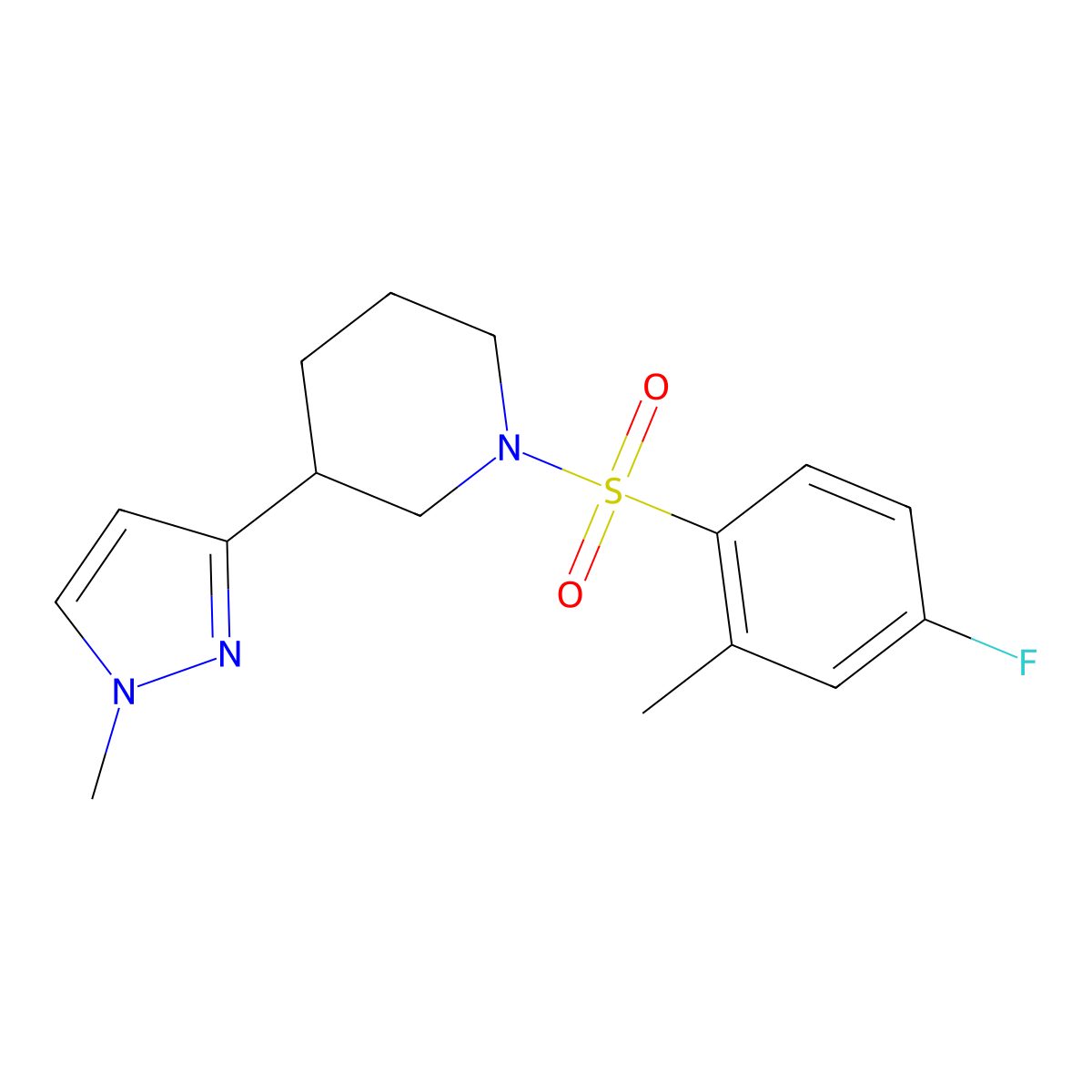 1-((4-fluoro-2-methylphenyl)sulfonyl)-3-(1-methyl-1H-pyrazol-3-yl)piperidine molecular structure, CAS 2199162-59-7