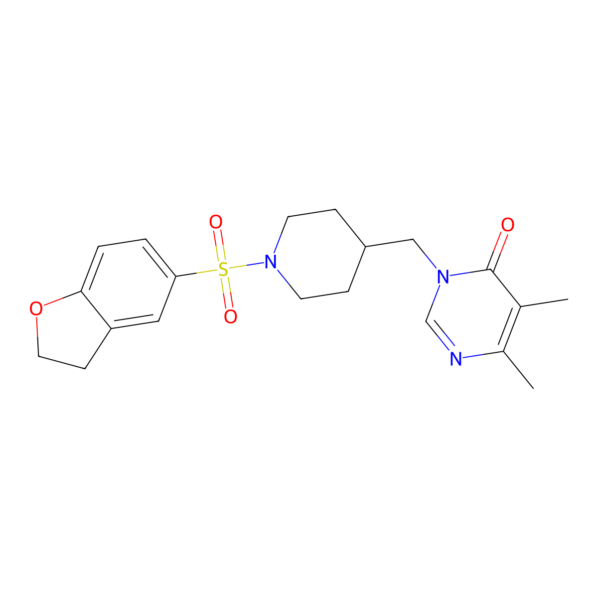 3-{[1-(2,3-Dihydro-1-benzofuran-5-sulfonyl)piperidin-4-yl]methyl}-5,6-dimethyl-3,4-dihydropyrimidin-4-one molecular structure, CAS 2199187-89-6