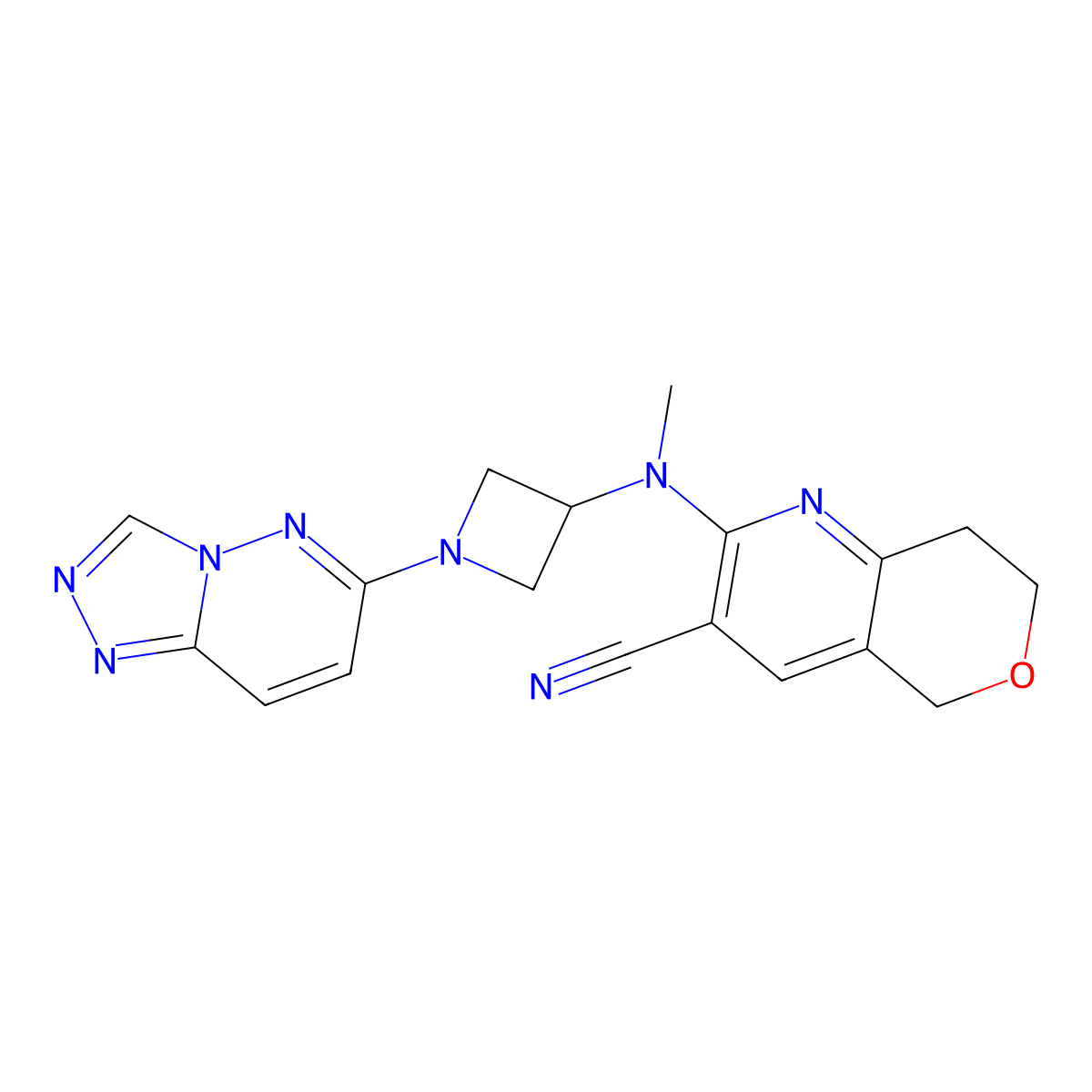 2-[methyl(1-{[1,2,4]triazolo[4,3-b]pyridazin-6-yl}azetidin-3-yl)amino]-5H,7H,8H-pyrano[4,3-b]pyridine-3-carbonitrile molecular structure, CAS 2199254-30-1