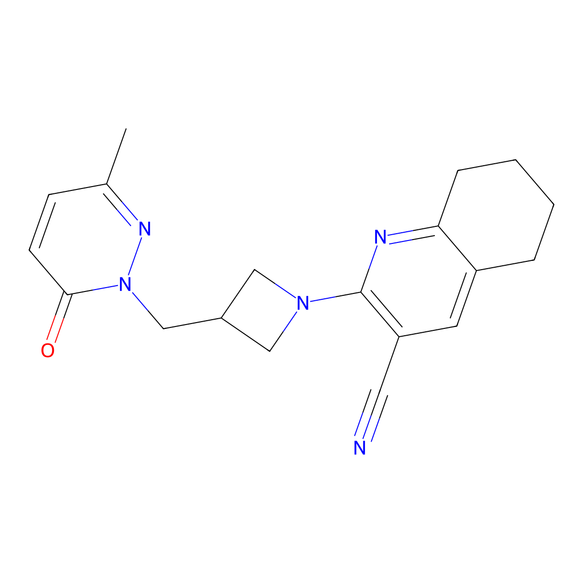 2-{3-[(3-Methyl-6-oxo-1,6-dihydropyridazin-1-yl)methyl]azetidin-1-yl}-5,6,7,8-tetrahydroquinoline-3-carbonitrile molecular structure, CAS 2199302-40-2