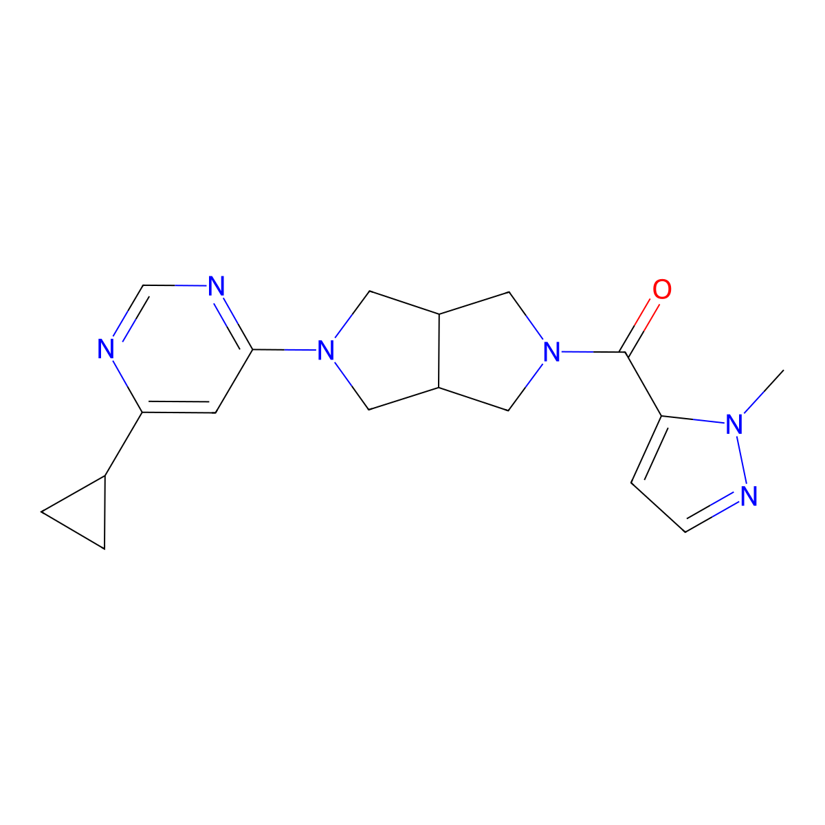 4-cyclopropyl-6-[5-(1-methyl-1H-pyrazole-5-carbonyl)-octahydropyrrolo[3,4-c]pyrrol-2-yl]pyrimidine molecular structure, CAS 2199319-88-3