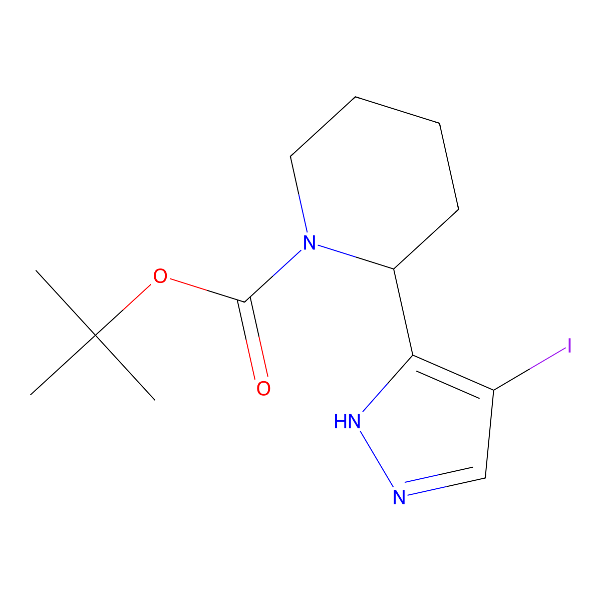 tert-butyl 2-(4-iodo-1H-pyrazol-5-yl)piperidine-1-carboxylate molecular structure, CAS 2199322-26-2