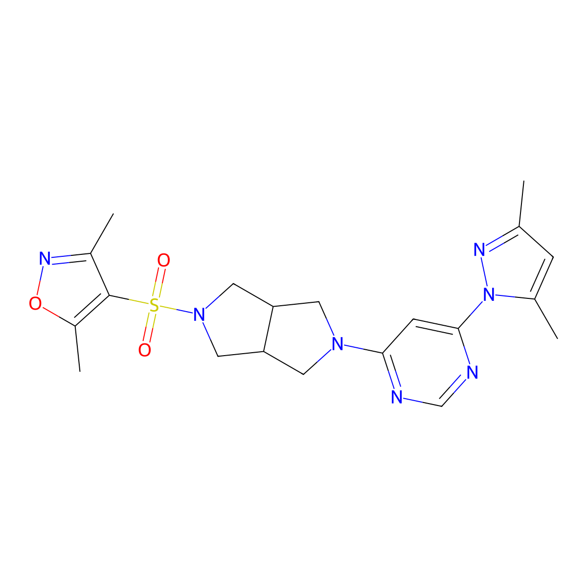 4-{5-[(3,5-dimethyl-1,2-oxazol-4-yl)sulfonyl]-octahydropyrrolo[3,4-c]pyrrol-2-yl}-6-(3,5-dimethyl-1H-pyrazol-1-yl)pyrimidine molecular structure, CAS 2199347-66-3