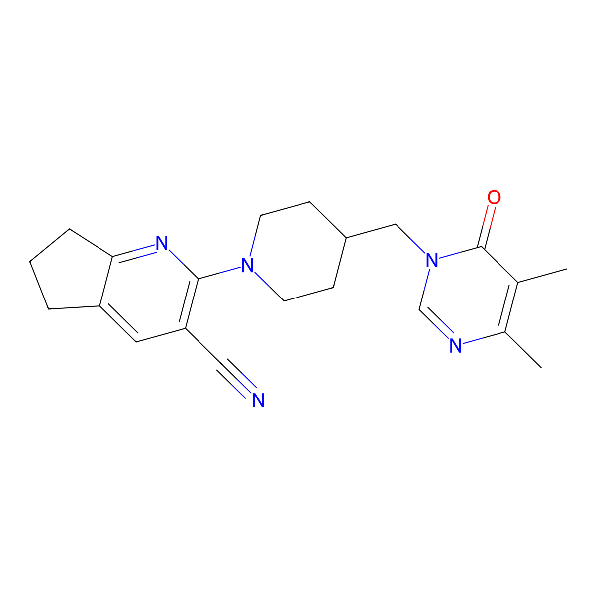 2-{4-[(4,5-dimethyl-6-oxo-1,6-dihydropyrimidin-1-yl)methyl]piperidin-1-yl}-5H,6H,7H-cyclopenta[b]pyridine-3-carbonitrile molecular structure, CAS 2199386-19-9