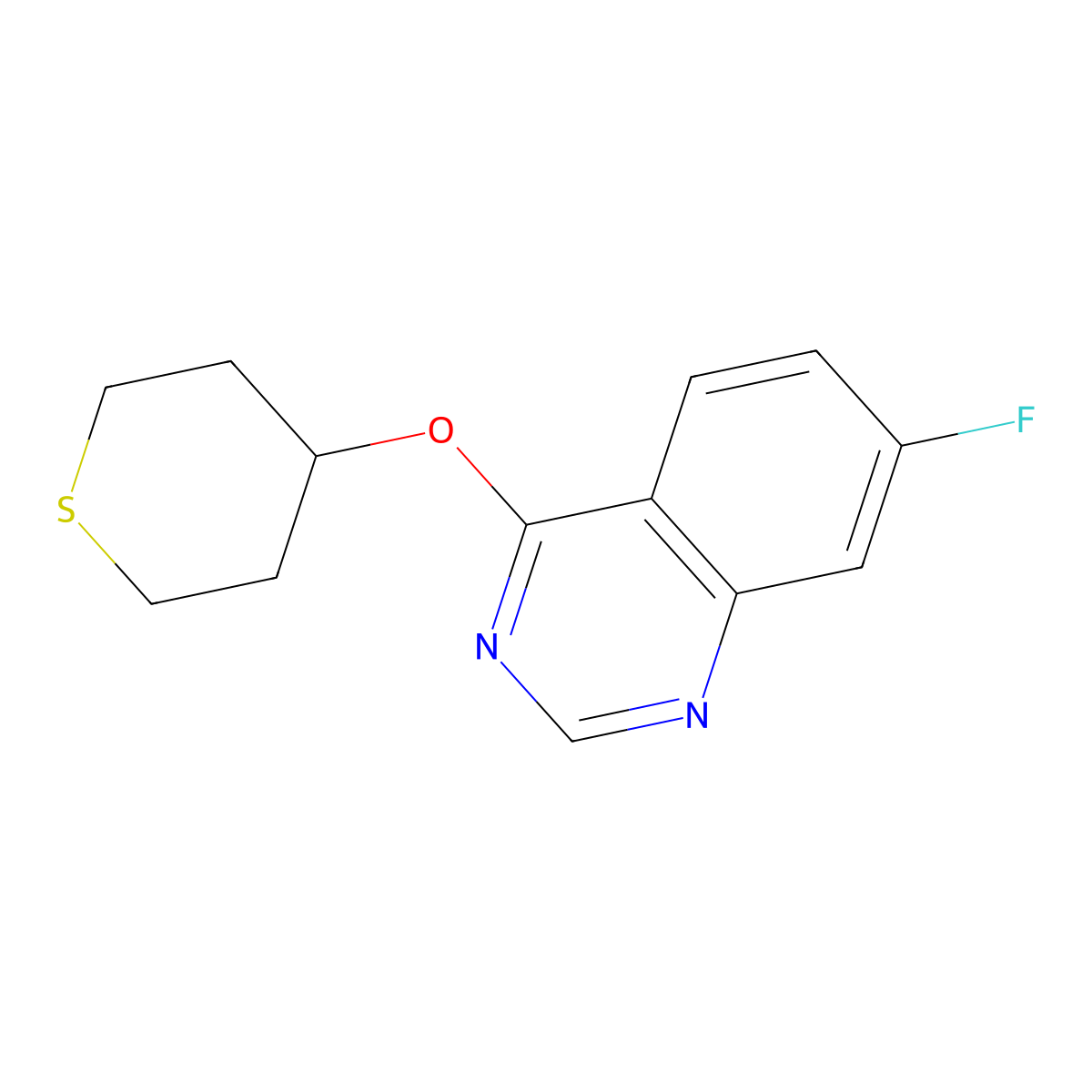 7-Fluoro-4-(thian-4-yloxy)quinazoline molecular structure, CAS 2199387-49-8